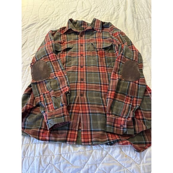 Austin Reed Mens L Cotton Flannel Plaid Shirt Suede Elbow Patches pockets chore - Picture 1 of 14